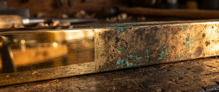 Rectangular Brass Bar Showing Half Polished and Half Tarnished Surfaces