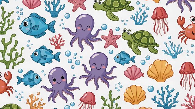 Pixel art seamless pattern with cute ocean animals, sea life, fish, octopus, crab, turtle, shells, coral, and bubbles, playful underwater theme