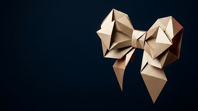 A beautiful golden paper origami bow tie isolated on a solid dark background