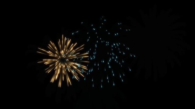 Bright blue and golden festive fireworks exploding in the dark night sky for celebration, new year, party, anniversary, and holiday events 4k video animation