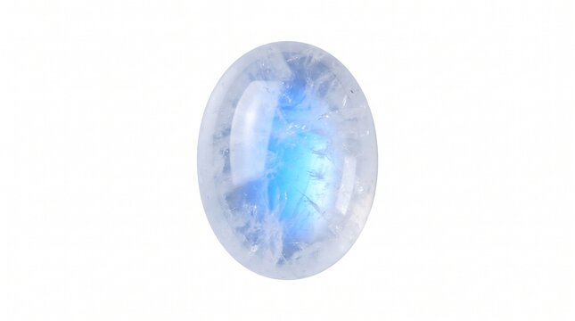 Oval moonstone cabochon gemstone with blue adularescence isolated on white background