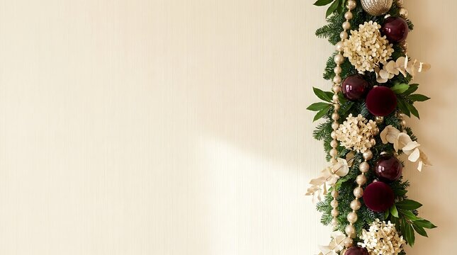 Festive christmas garland decorated with dark red ornaments and dried flowers on a simple plain wall background