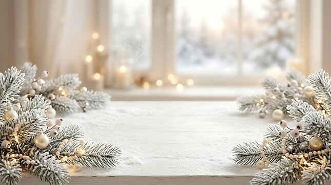 Festive christmas holiday background with white wooden table and snowy fir branches for product display