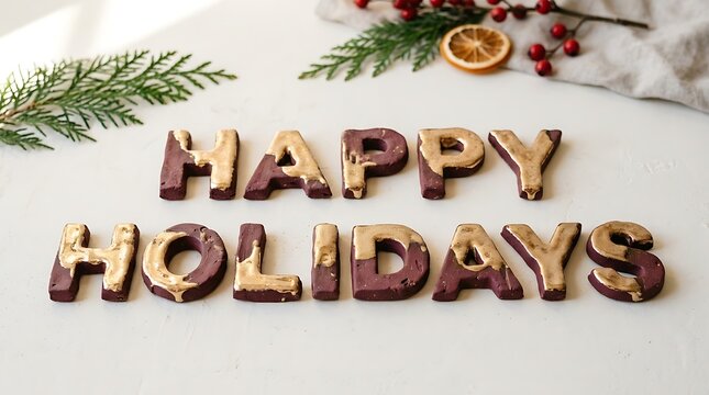 Happy Holidays text formed by chocolate cookies decorated with gold paint
