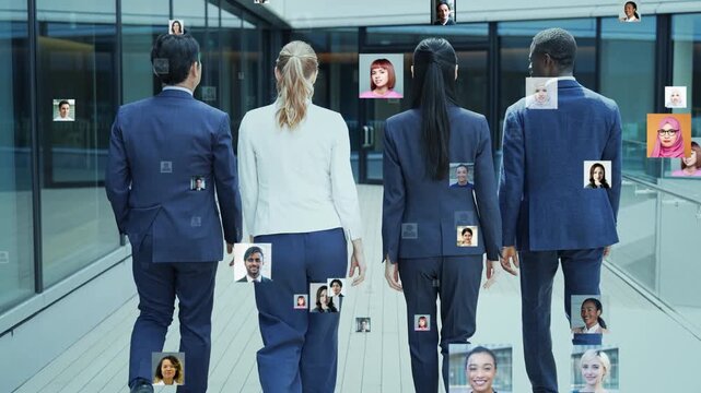 Business settings and multinational people. Business, talent, global, diversity, social media, profile pictures, data, matching.