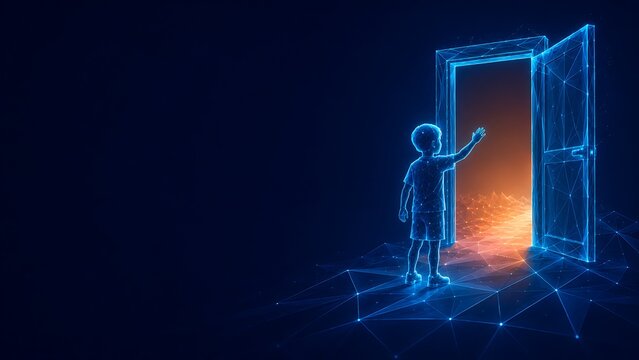 Digital silhouette of a child reaching towards an open glowing door. every child matters with silhouette reaching opportunity technology abstract development. every child matters