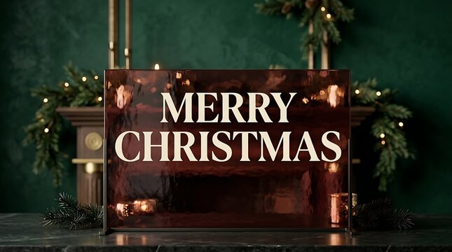 Merry Christmas sign on a dark textured glass panel with festive holiday decorations in the background