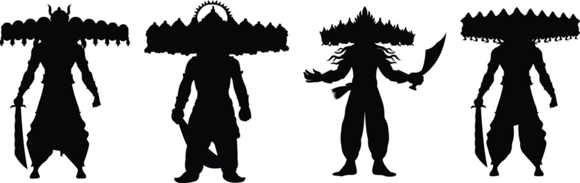 Ravan silhouettes vector big, set, collection, dussehra, puja, ram, navami, diwali, festival, elements