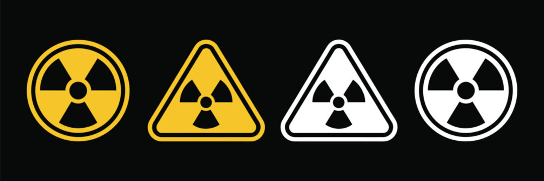 Radiation, radioactive threat alert symbols featuring warning signs for hazardous areas, nuclear safety zones, dangerous exposure and emergency awareness.