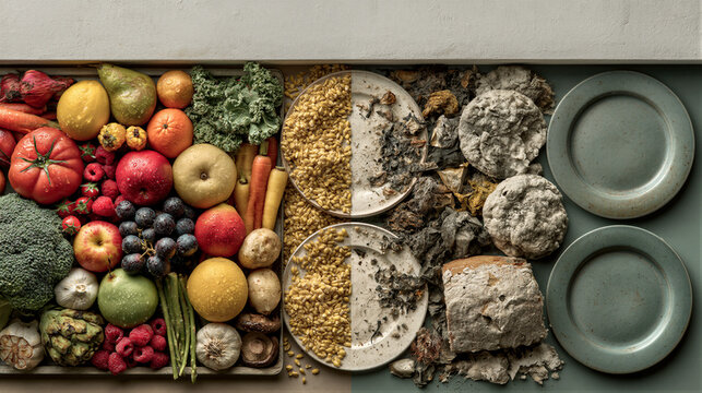 Split food photo contrasting vivid fresh produce with desaturated rotten scraps, cinematic warm and cool lighting, clean white copy space for World Food Day posters and public service campaigns.