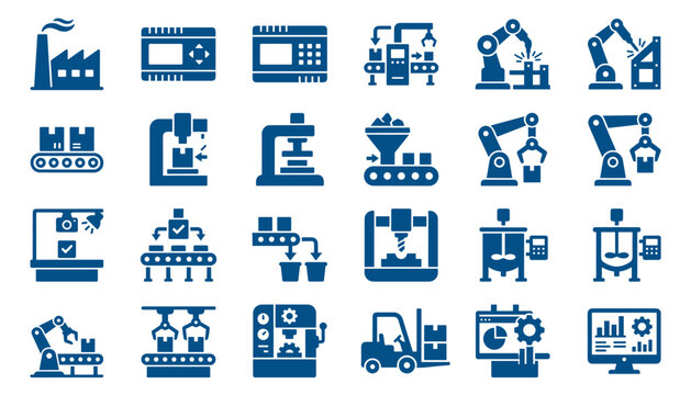 Collection of industrial manufacturing icons for production and automation processes.