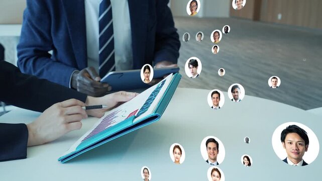 Business settings and multinational people. Business, human resources, management, corporations, personal information, research, customers, social media, data, meetings.