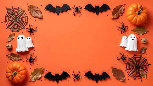 Halloween flat lay frame with ghosts, pumpkins, bats, spiders, and leaves on orange background