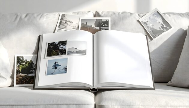 &Aacute;lbum de fotos abierto sobre un sof&aacute; claro con varias fotograf&iacute;as impresas alrededor en una composici&oacute;n dom&eacute;stica luminosa
