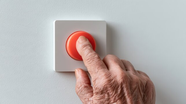 Elderly Care Communication Technology Elderly hand pressing a red button on a light-colored wall with a square base plate.