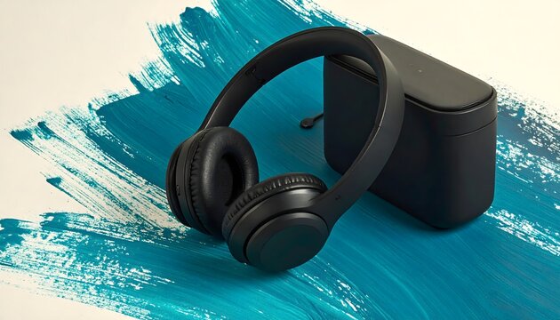 Auriculares negros junto a un estuche r&iacute;gido sobre fondo claro con pincelada azul turquesa