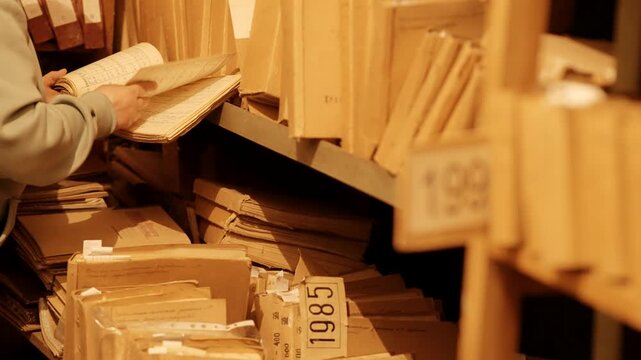 Archivist Searching Through Vintage Paper Documents On Shelves In Old Archive. Library Research. Historical Folders Paperwork 