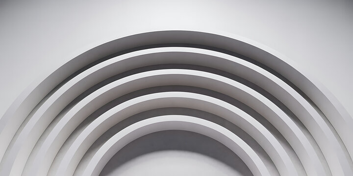 Minimalist 3D rendering of concentric arches in white and gray tones abstract architecture clean des