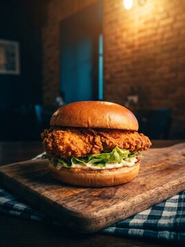 Delicious Crispy Fried Chicken Burger Sandwiched With Mayonnaise