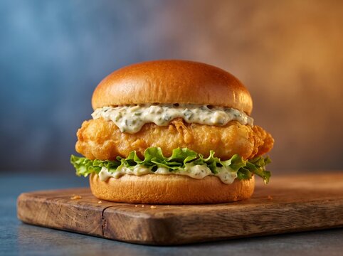 Crispy Fried Fish Burger Sandwich Served With Tartar Sauce