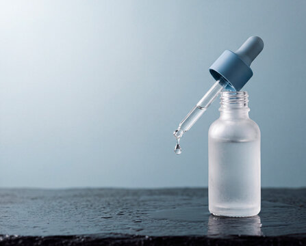 Skincare Serum Dropper Bottle with Clear Droplet on Blue Background and Copy Space,블루 배경의 세럼 드로퍼 보틀과 투명 방울, 카피스페이스가 있는 스킨케어 제품 이미지
