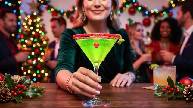 Woman holding green christmas martini cocktail with red sugar rim and heart at festive party. Friends celebrating holiday at bar with decorated tree, garlands and holly. New year celebration concept