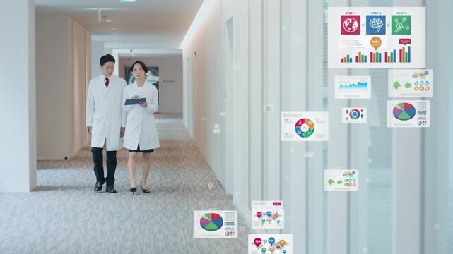 会話する白衣の男女と統計データ。科学、医療、医師、実験、調査、検査、分析、病院、診断、経営、管理