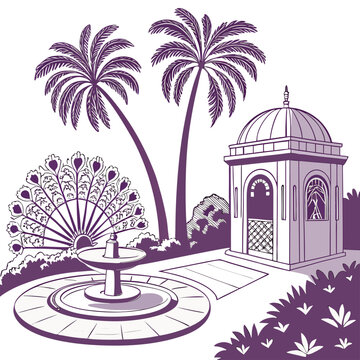Peacock fountain in a formal garden with gazebo and palms palm trees purple tone gazebo archi