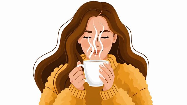 Woman in warm sweater holding steaming mug, enjoying cozy beverage, autumn comfort, enjoying warm drink, relaxation, indoors, lifestyle