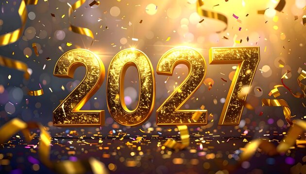 N&uacute;meros dorados 2027 rodeados de confeti brillante sobre fondo luminoso en una composici&oacute;n festiva de A&ntilde;o Nuevo