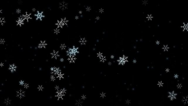 Falling snowflakes on a black background, winter holiday festive backdrop 4k video animation
