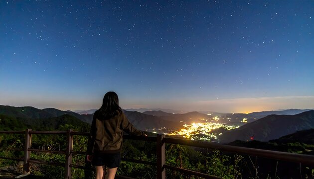 Persona contemplando un valle iluminado desde un mirador de monta&ntilde;a bajo un cielo nocturno estrellado