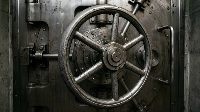 Heavy metal vault door with industrial circular wheel for bank security
