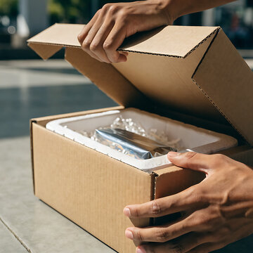 Close up of a person opening a cardboard shipping box with protective styrofoam packaging for safe delivery