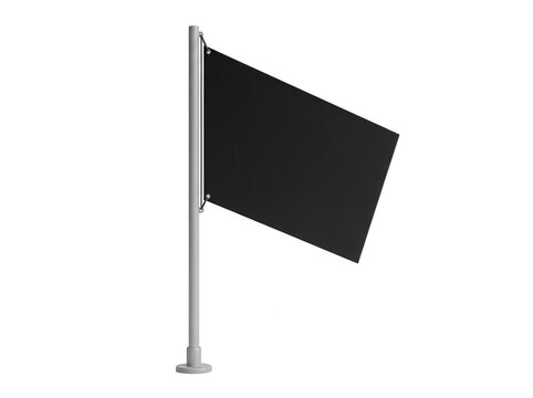 Blank black rectangular flag attached to a silver metal flagpole isolated on transparent background for promotional branding mockups