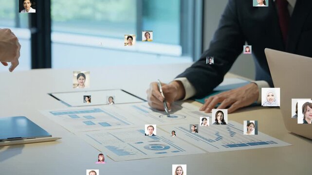 Business settings and multinational people. Business, talent, global, diversity, social media, profile pictures, data, matching.