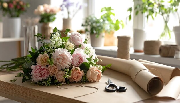 Ramo de flores rosas y blancas sobre una mesa junto a tijeras y rollos de papel kraft en un espacio luminoso