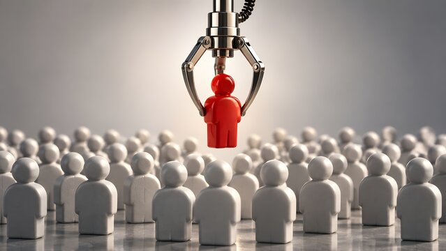 Robotic claw machine picking a unique red figure from a crowd of white figures representing talent acquisition and recruitment strategy