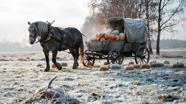 Draft horse pulling wagon loaded with pumpkins on a frosty field in autumn morning