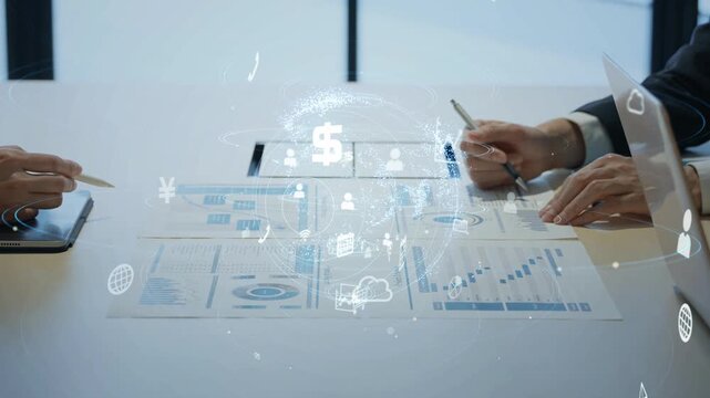 People meeting and digital technology. DX, IoT, communications, apps, systems, cloud, AI, data