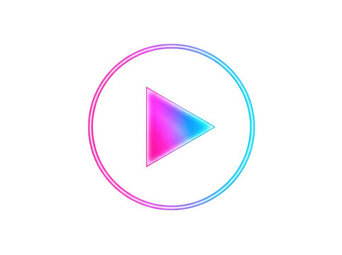 Modern neon glowing play button icon with gradient blue and pink colors isolated on transparent background for digital interfaces