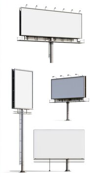 Four blank outdoor billboards of varying sizes and orientations, isolated on a white background, ready for advertising content.