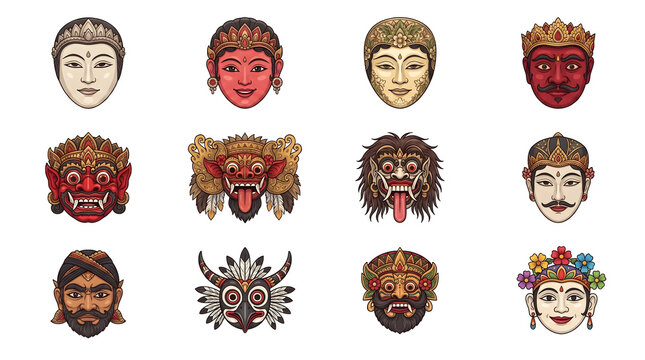 Set of Traditional Indonesian Balinese and Javanese Cultural Masks