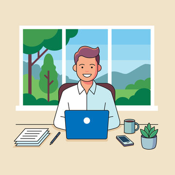 Man working on laptop at desk with nature view illustration