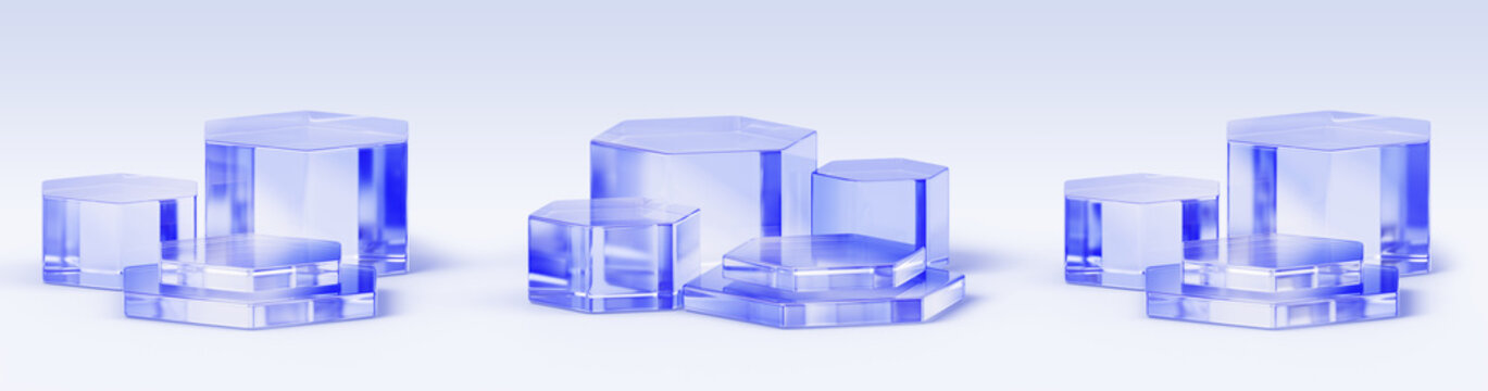 3D set of clear blue glass podiums, hexagon pedestals. Minimalist product display platforms, transparent acrylic stands for cosmetic presentation, stage mockup on light background. 3D illustration