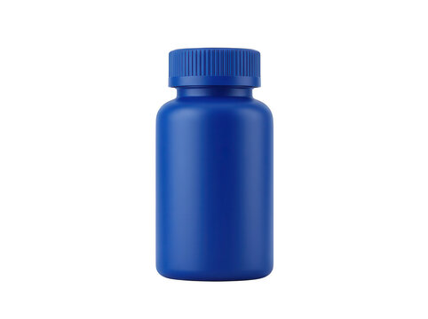 Minimalist matte blue plastic pill bottle isolated on transparent background for pharmaceutical and healthcare product branding