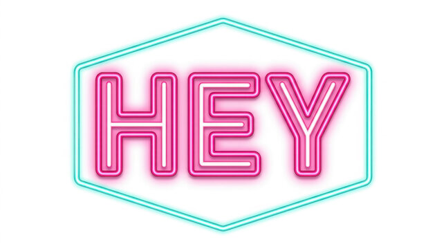 Glowing pink neon sign with the word hey inside a turquoise hexagonal frame on a generated using ai