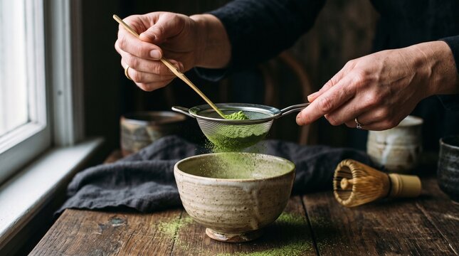 Close up of a person sifting vibrant green matcha tea powder into a rustic ceramic bowl using a bamboo scoop and a fine metal mesh strainer tool