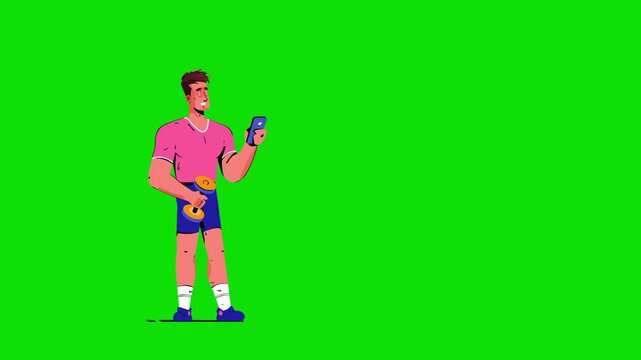 Cartoon Fit Man Holding Dumbbell and Checking Smartphone on Green Screen Animation