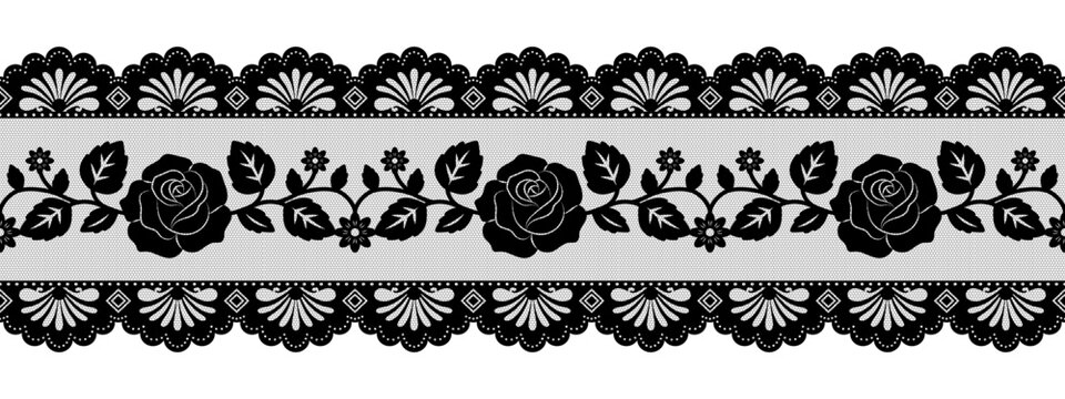 Elegant seamless lace border with vintage scallop edge and ornate rose floral trim. Vector design for wedding ribbon, fashion textile.